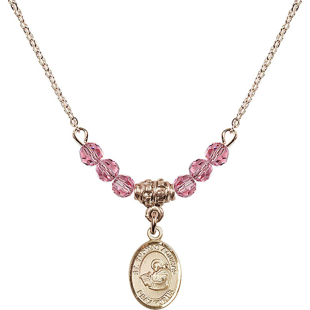 14kt Gold Filled Saint Thomas Aquinas Birthstone Necklace with Rose Beads - 9108