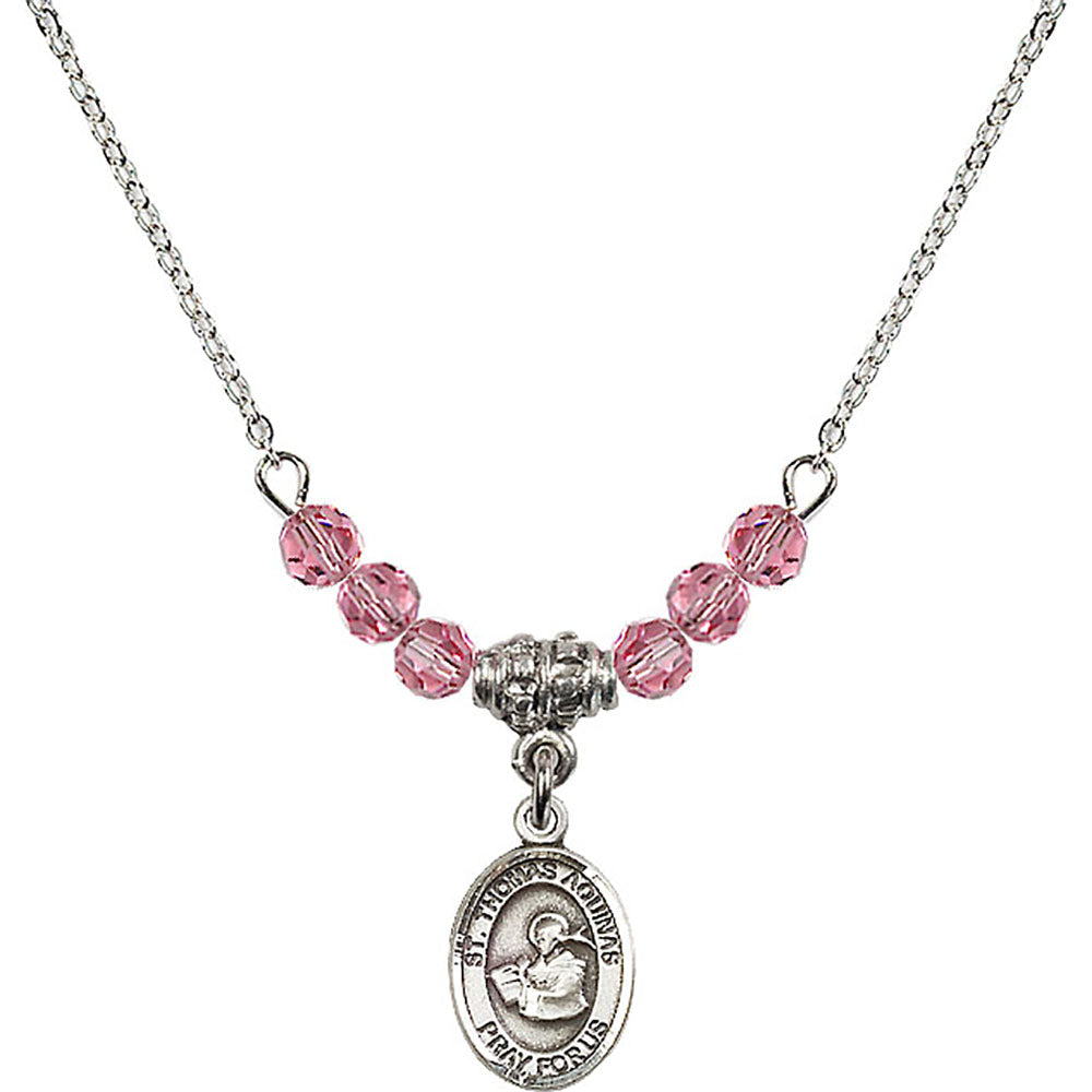 Sterling Silver Saint Thomas Aquinas Birthstone Necklace with Rose Beads - 9108