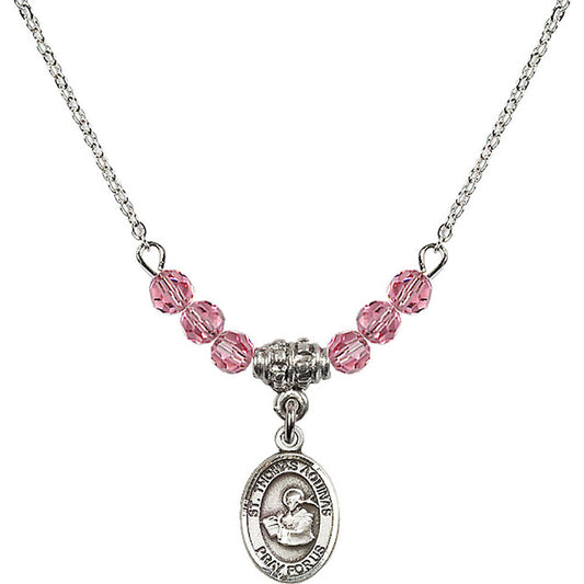 Sterling Silver Saint Thomas Aquinas Birthstone Necklace with Rose Beads - 9108