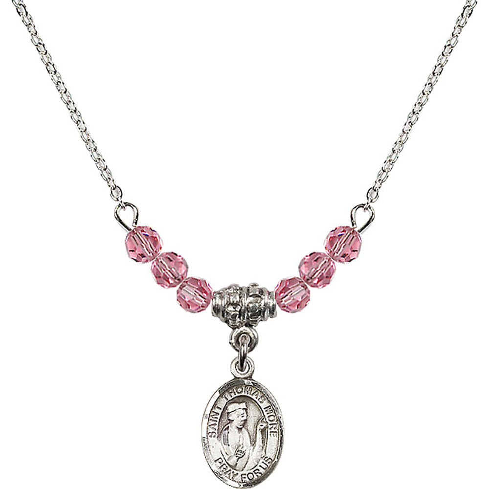 Sterling Silver Saint Thomas More Birthstone Necklace with Rose Beads - 9109