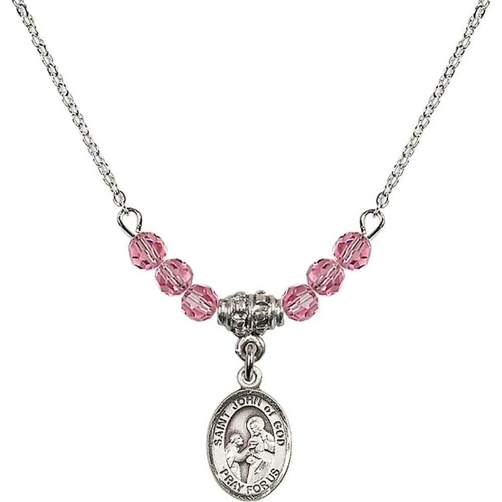 Sterling Silver Saint John of God Birthstone Necklace with Rose Beads - 9112