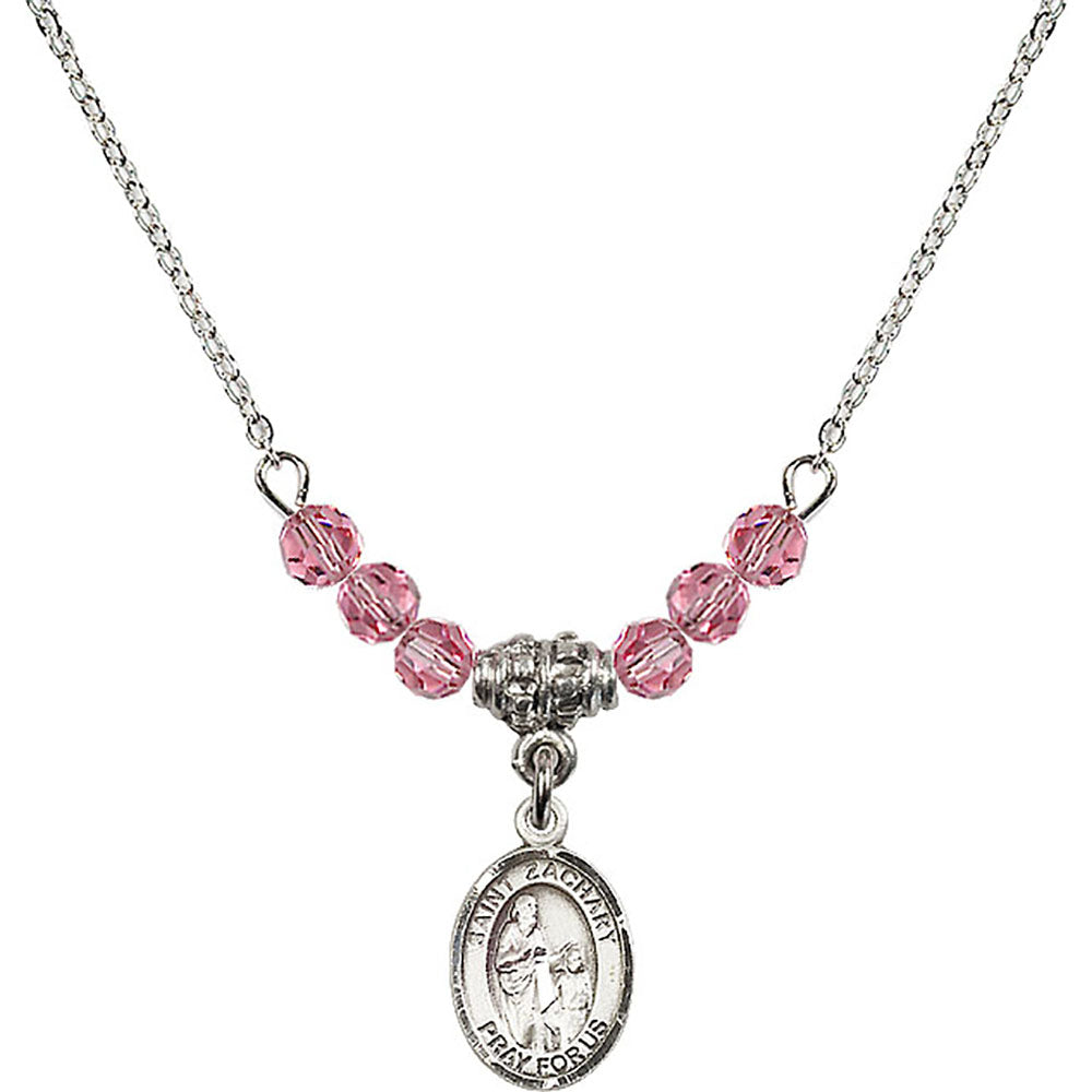 Sterling Silver Saint Zachary Birthstone Necklace with Rose Beads - 9116