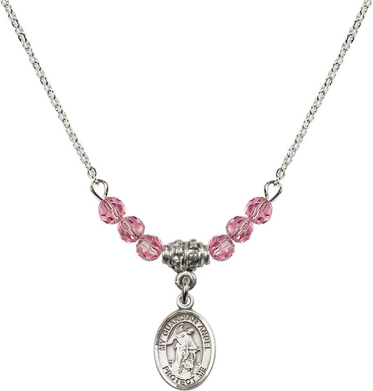 Sterling Silver Guardian Angel w/Child Birthstone Necklace with Rose Beads - 9118