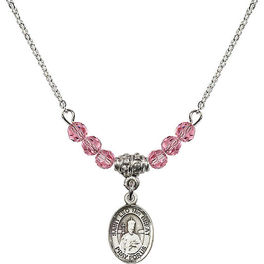Sterling Silver Saint Leo the Great Birthstone Necklace with Rose Beads - 9120