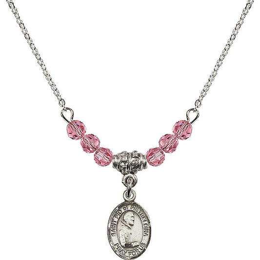 Sterling Silver Saint Pio of Pietrelcina Birthstone Necklace with Rose Beads - 9125