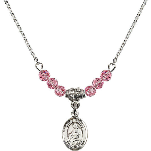 Sterling Silver Saint Agnes of Rome Birthstone Necklace with Rose Beads - 9128