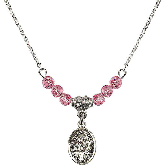 Sterling Silver Saints Cosmas & Damian Birthstone Necklace with Rose Beads - 9132