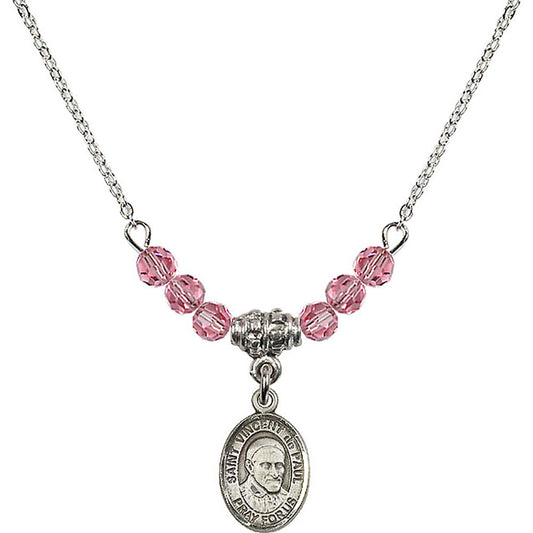 Sterling Silver Saint Vincent De Paul Birthstone Necklace with Rose Beads - 9134