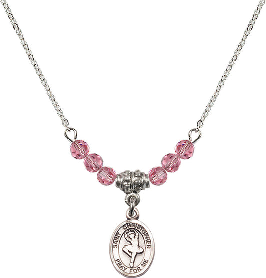 Sterling Silver Saint Christopher/Dance Birthstone Necklace with Rose Beads - 9143