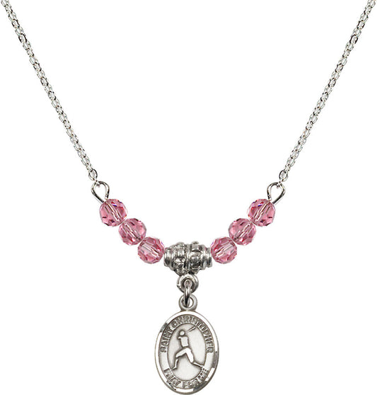 Sterling Silver Saint Christopher/Baseball Birthstone Necklace with Rose Beads - 9150