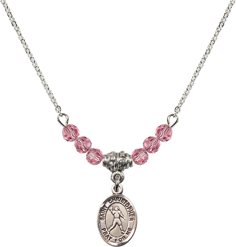 Sterling Silver Saint Christopher/Football Birthstone Necklace with Rose Beads - 9151