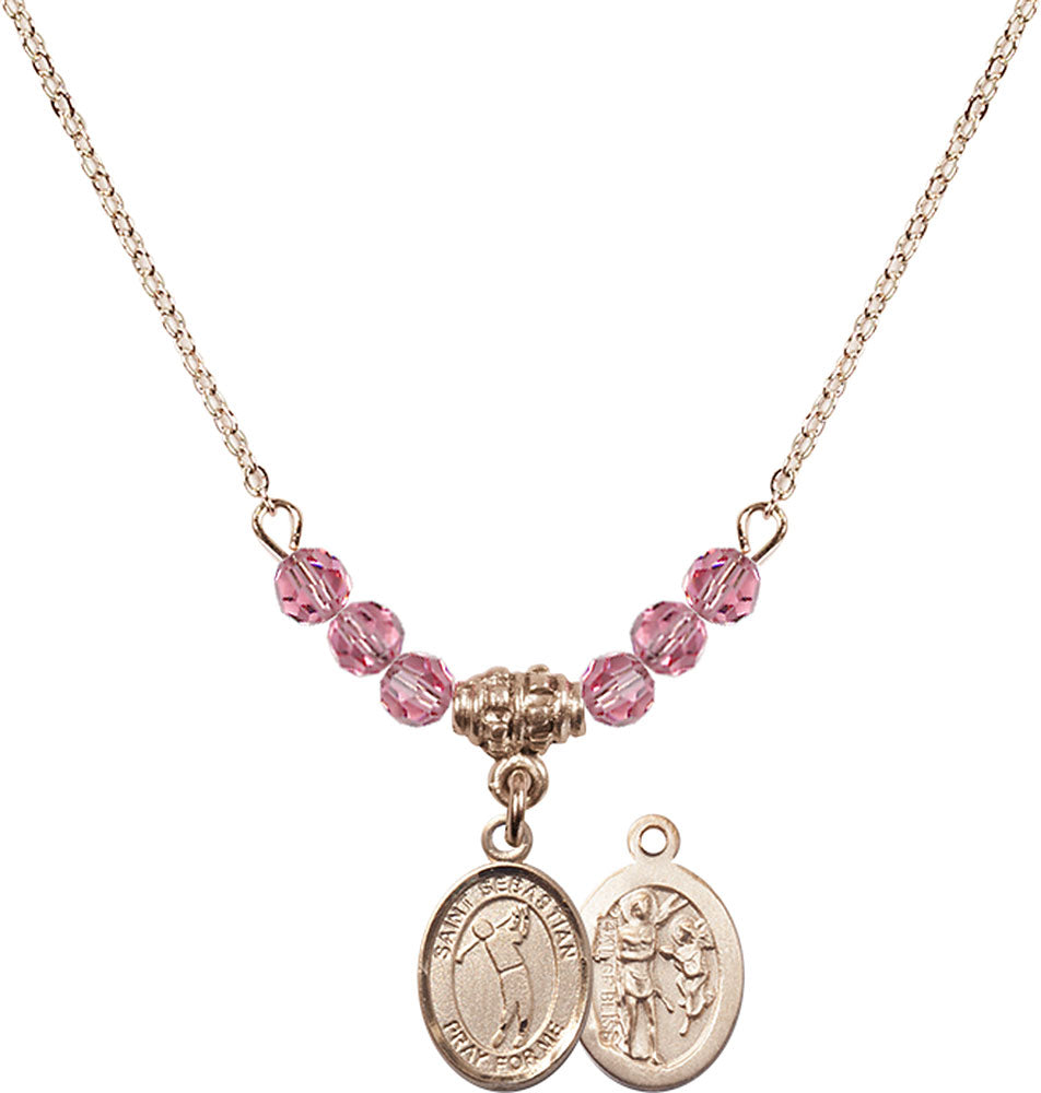 14kt Gold Filled Saint Sebastian/Golf Birthstone Necklace with Rose Beads - 9162