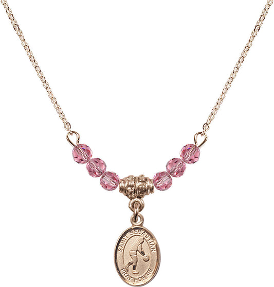 14kt Gold Filled Saint Sebastian/Basketball Birthstone Necklace with Rose Beads - 9163