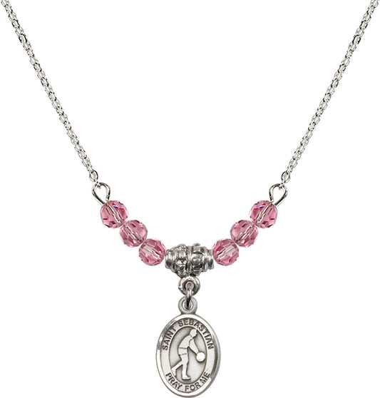 Sterling Silver Saint Sebastian/Basketball Birthstone Necklace with Rose Beads - 9163