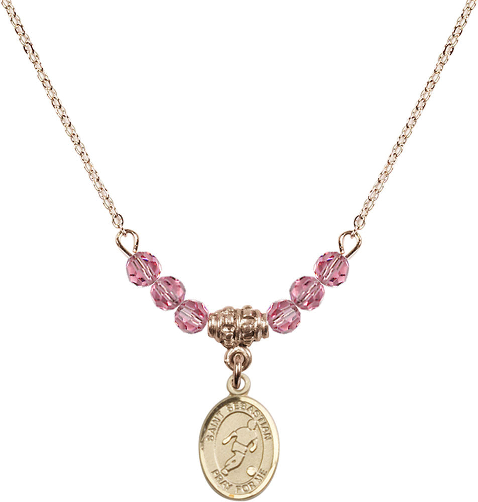 14kt Gold Filled Saint Sebastian/Soccer Birthstone Necklace with Rose Beads - 9164