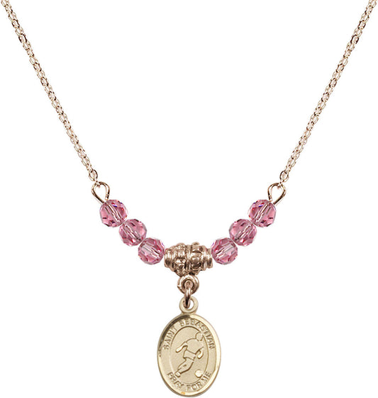 14kt Gold Filled Saint Sebastian/Soccer Birthstone Necklace with Rose Beads - 9164