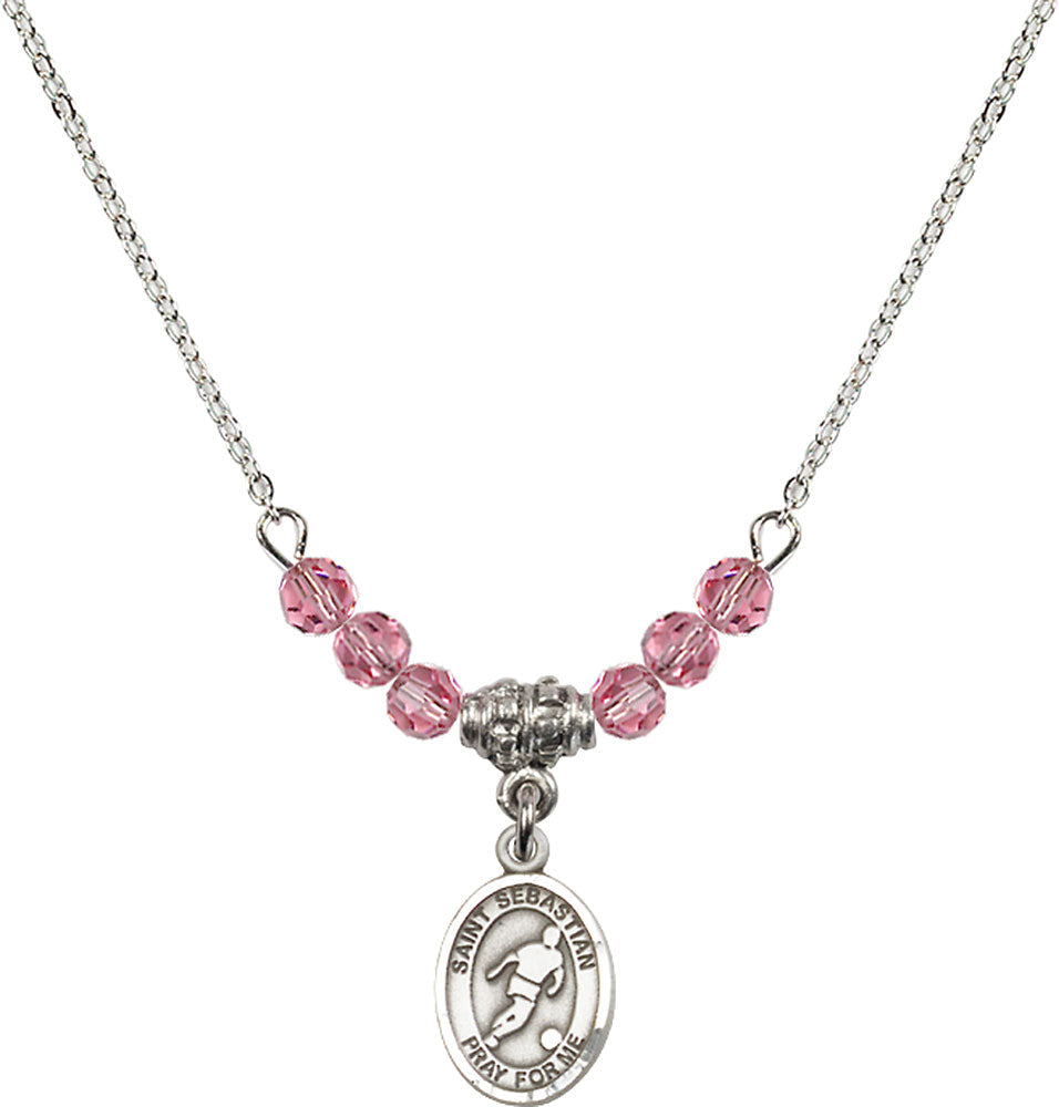 Sterling Silver Saint Sebastian/Soccer Birthstone Necklace with Rose Beads - 9164