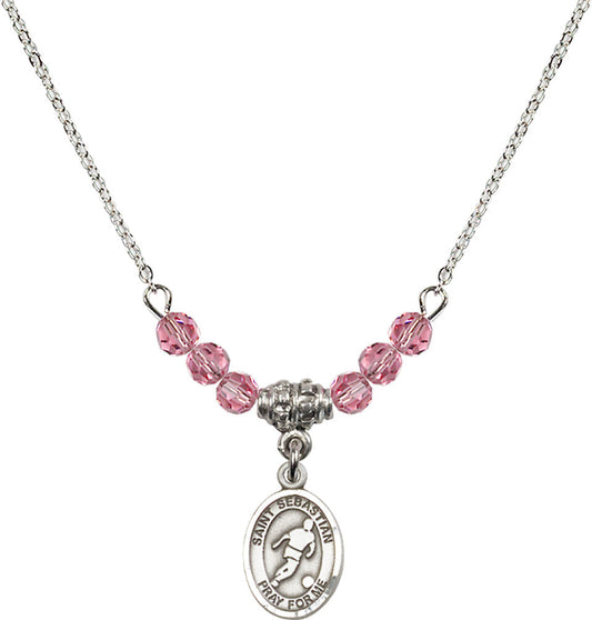 Sterling Silver Saint Sebastian/Soccer Birthstone Necklace with Rose Beads - 9164