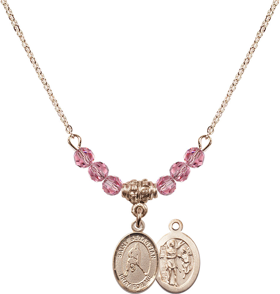 14kt Gold Filled Saint Sebastian/Ice Hockey Birthstone Necklace with Rose Beads - 9165
