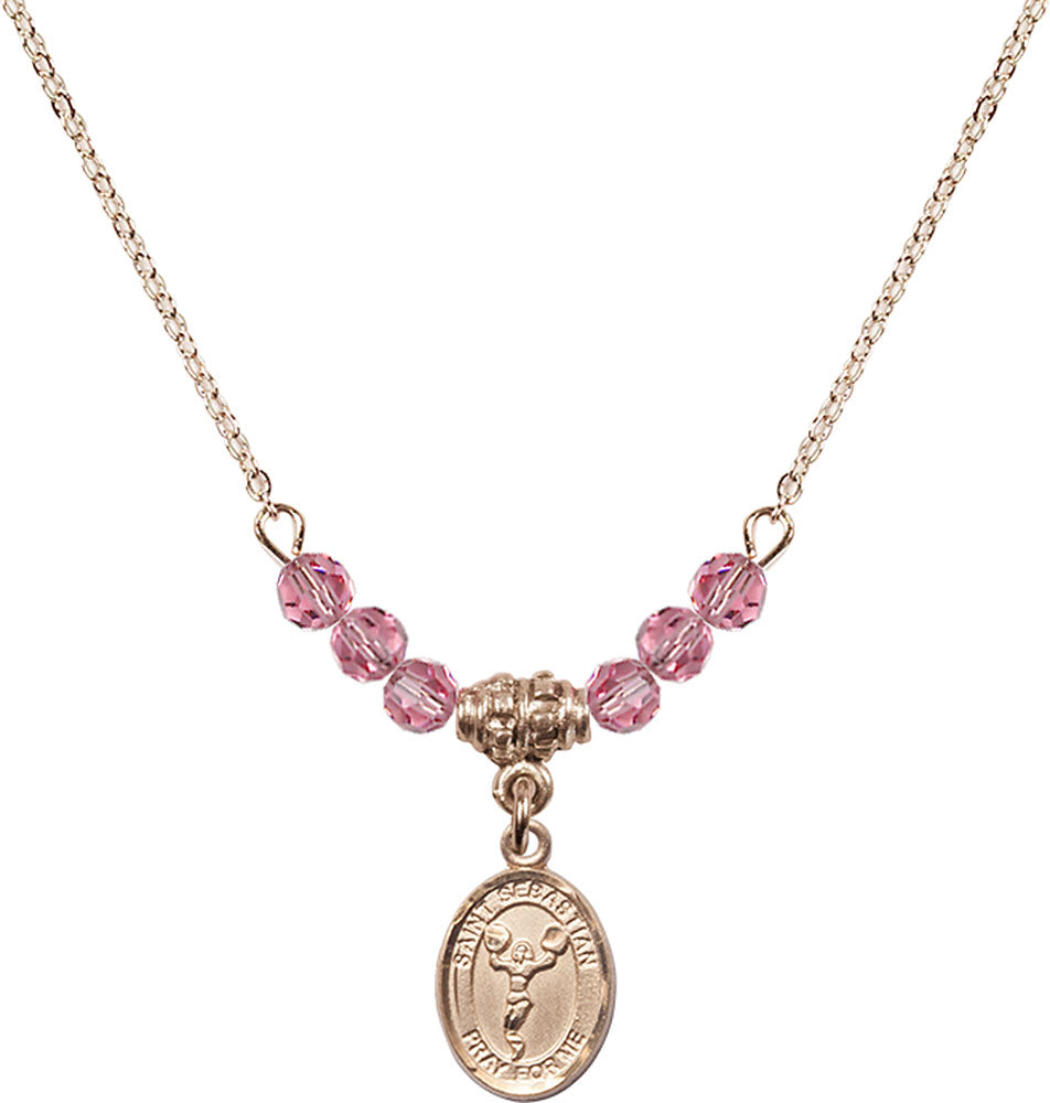 14kt Gold Filled Saint Sebastian/Cheerleading Birthstone Necklace with Rose Beads - 9170