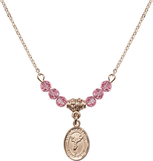 14kt Gold Filled Saint Sebastian/Cheerleading Birthstone Necklace with Rose Beads - 9170