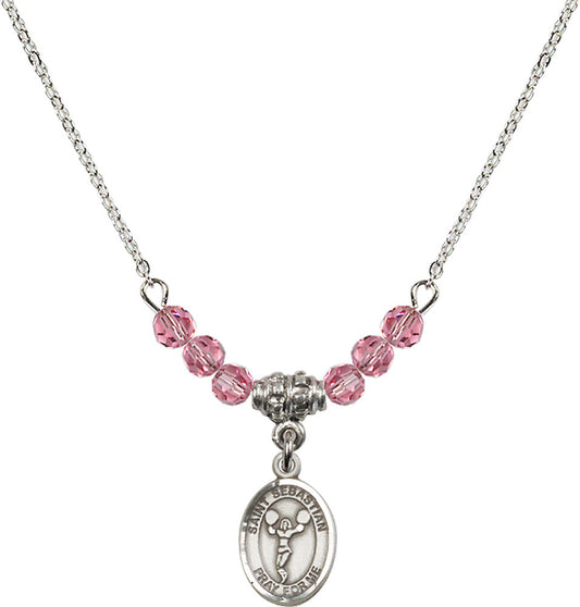 Sterling Silver Saint Sebastian/Cheerleading Birthstone Necklace with Rose Beads - 9170