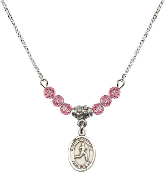 Sterling Silver Saint Sebastian/Track & Field Birthstone Necklace with Rose Beads - 9176