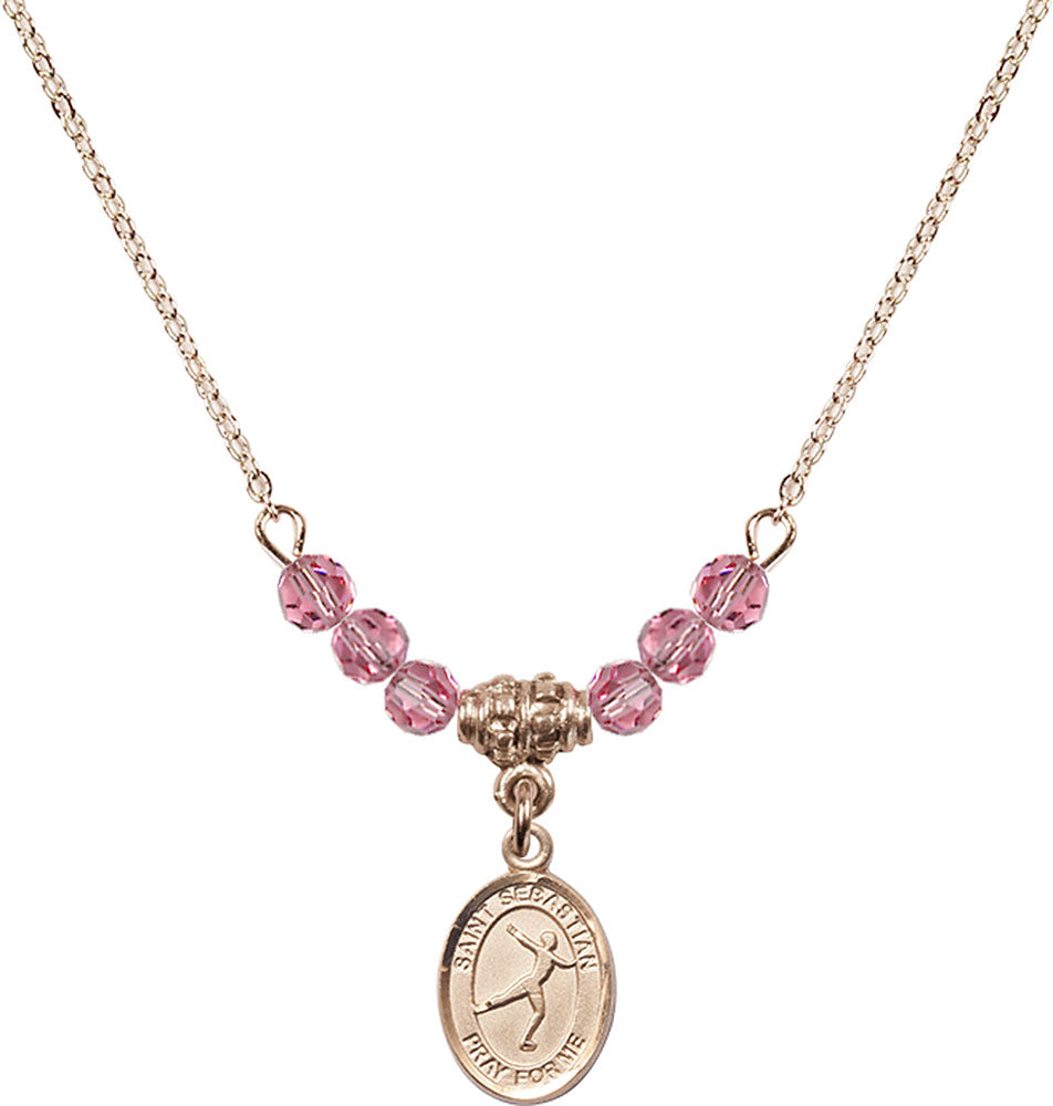 14kt Gold Filled Saint Sebastian/Figure Skating Birthstone Necklace with Rose Beads - 9177