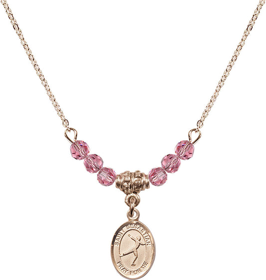 14kt Gold Filled Saint Sebastian/Figure Skating Birthstone Necklace with Rose Beads - 9177