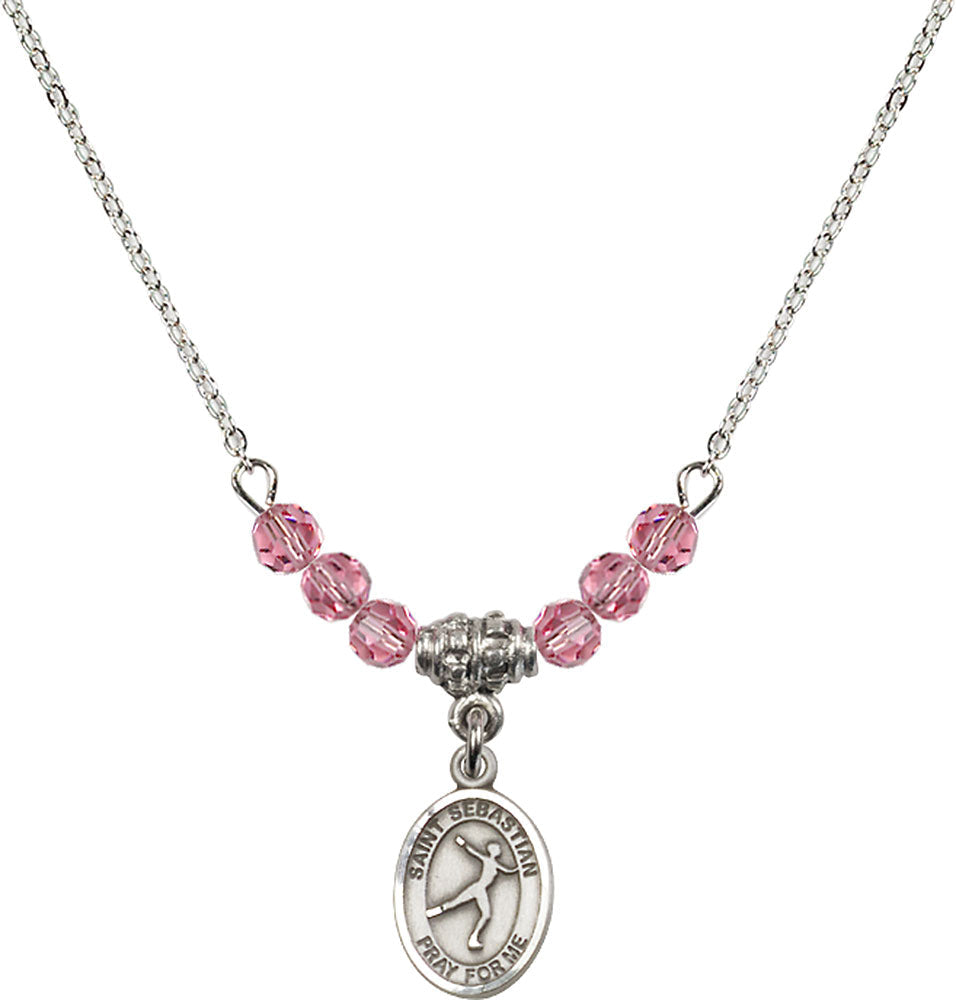 Sterling Silver Saint Sebastian/Figure Skating Birthstone Necklace with Rose Beads - 9177