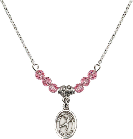 Sterling Silver Saint Sebastian/Figure Skating Birthstone Necklace with Rose Beads - 9177
