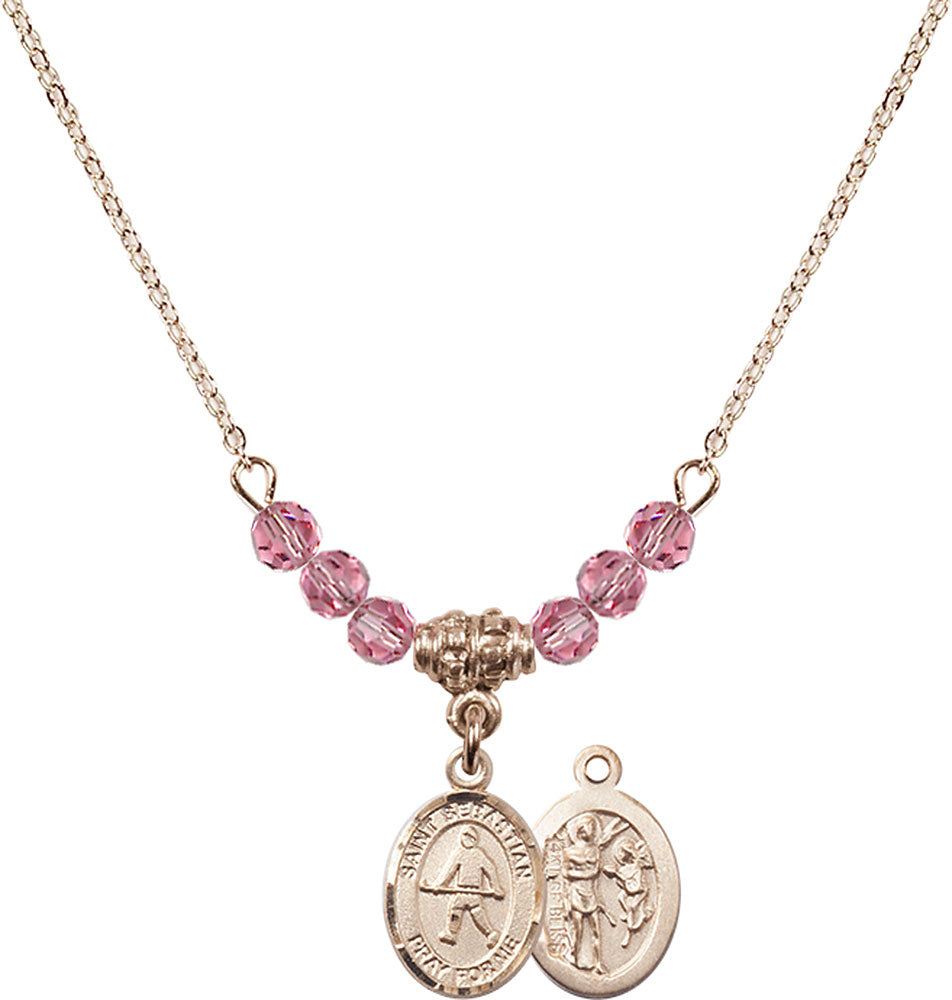 14kt Gold Filled Saint Sebastian/Field Hockey Birthstone Necklace with Rose Beads - 9178