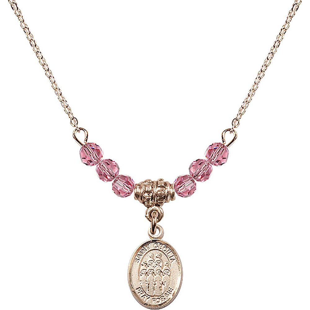 14kt Gold Filled Saint Cecilia / Choir Birthstone Necklace with Rose Beads - 9180