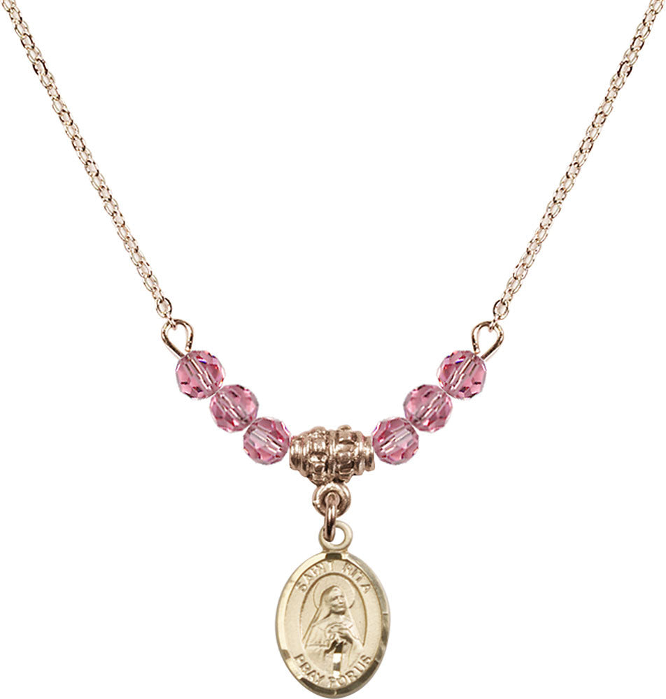 14kt Gold Filled Saint Rita / Baseball Birthstone Necklace with Rose Beads - 9181
