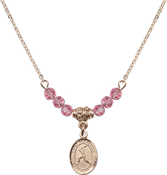 14kt Gold Filled Saint Sebastian/Softball Birthstone Necklace with Rose Beads - 9183