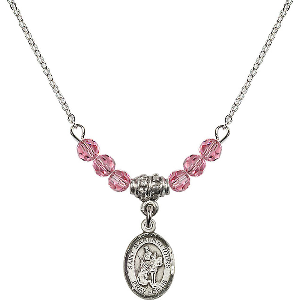 Sterling Silver Saint Martin of Tours Birthstone Necklace with Rose Beads - 9200