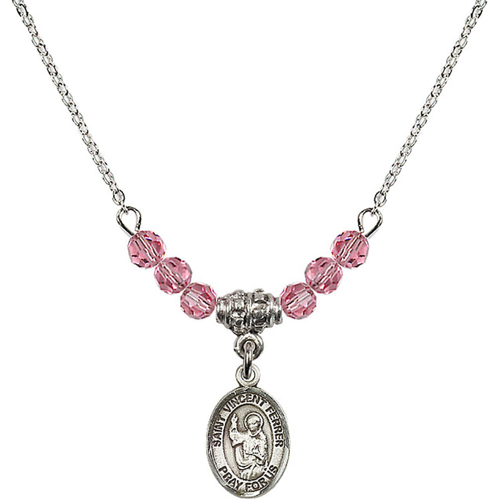 Sterling Silver Saint Vincent Ferrer Birthstone Necklace with Rose Beads - 9201