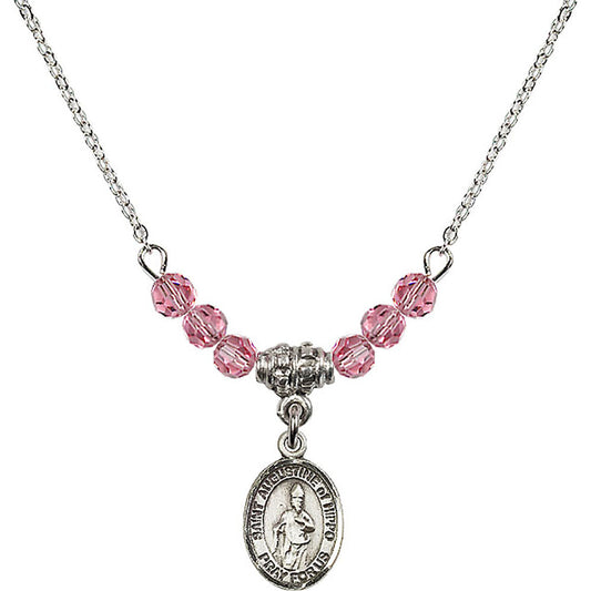 Sterling Silver Saint Augustine of Hippo Birthstone Necklace with Rose Beads - 9202