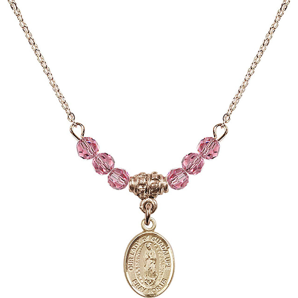 14kt Gold Filled Our Lady of Guadalupe Birthstone Necklace with Rose Beads - 9206