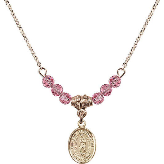 14kt Gold Filled Our Lady of Guadalupe Birthstone Necklace with Rose Beads - 9206