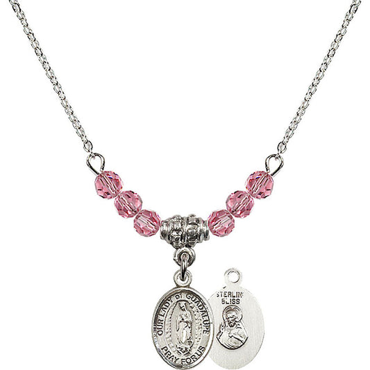 Sterling Silver Our Lady of Guadalupe Birthstone Necklace with Rose Beads - 9206