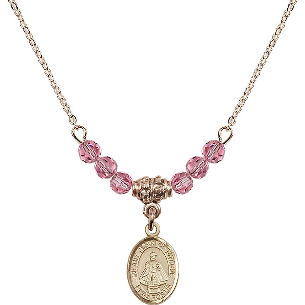 14kt Gold Filled Infant of Prague Birthstone Necklace with Rose Beads - 9207