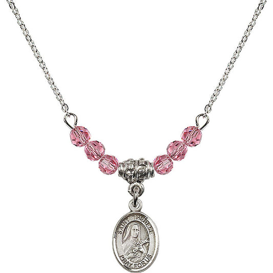 Sterling Silver Saint Therese of Lisieux Birthstone Necklace with Rose Beads - 9210