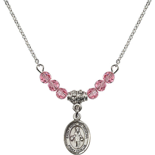Sterling Silver Saint Nino de Atocha Birthstone Necklace with Rose Beads - 9214