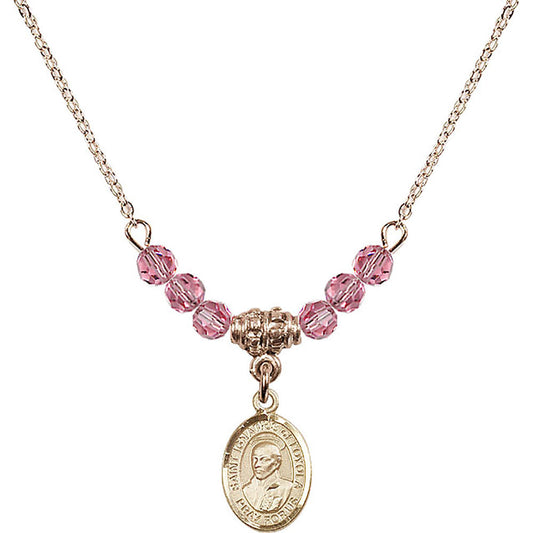 14kt Gold Filled Saint Ignatius of Loyola Birthstone Necklace with Rose Beads - 9217