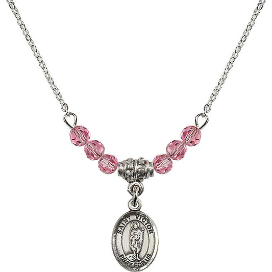 Sterling Silver Saint Victor of Marseilles Birthstone Necklace with Rose Beads - 9223