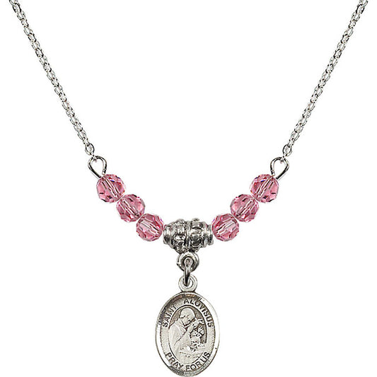 Sterling Silver Saint Aloysius Gonzaga Birthstone Necklace with Rose Beads - 9225