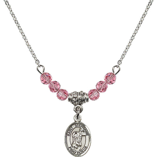 Sterling Silver Saint Stephanie Birthstone Necklace with Rose Beads - 9228