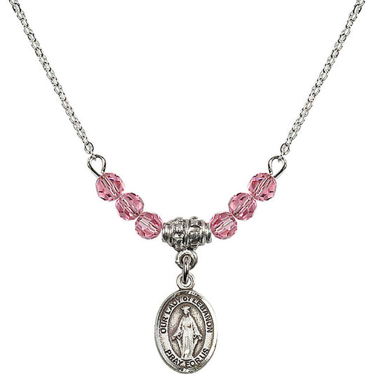 Sterling Silver Our Lady of Lebanon Birthstone Necklace with Rose Beads - 9229