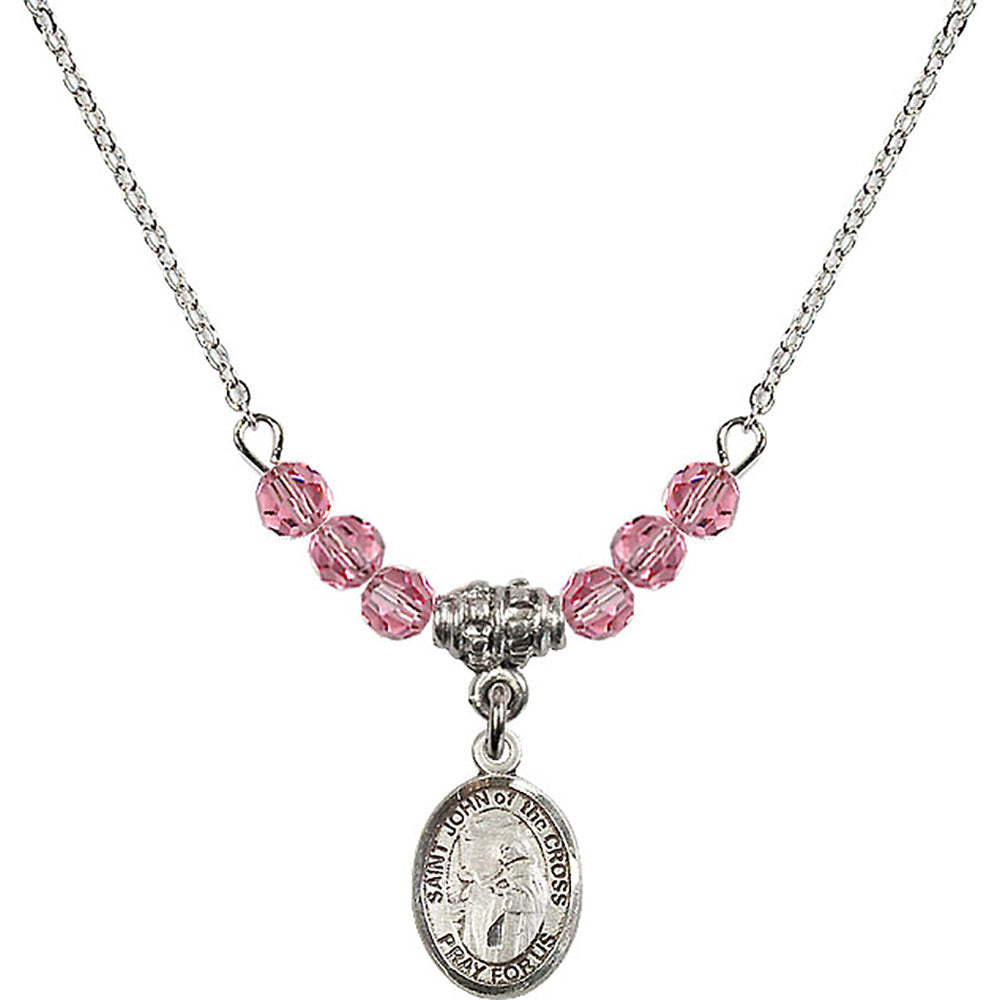 Sterling Silver Saint John of the Cross Birthstone Necklace with Rose Beads - 9231